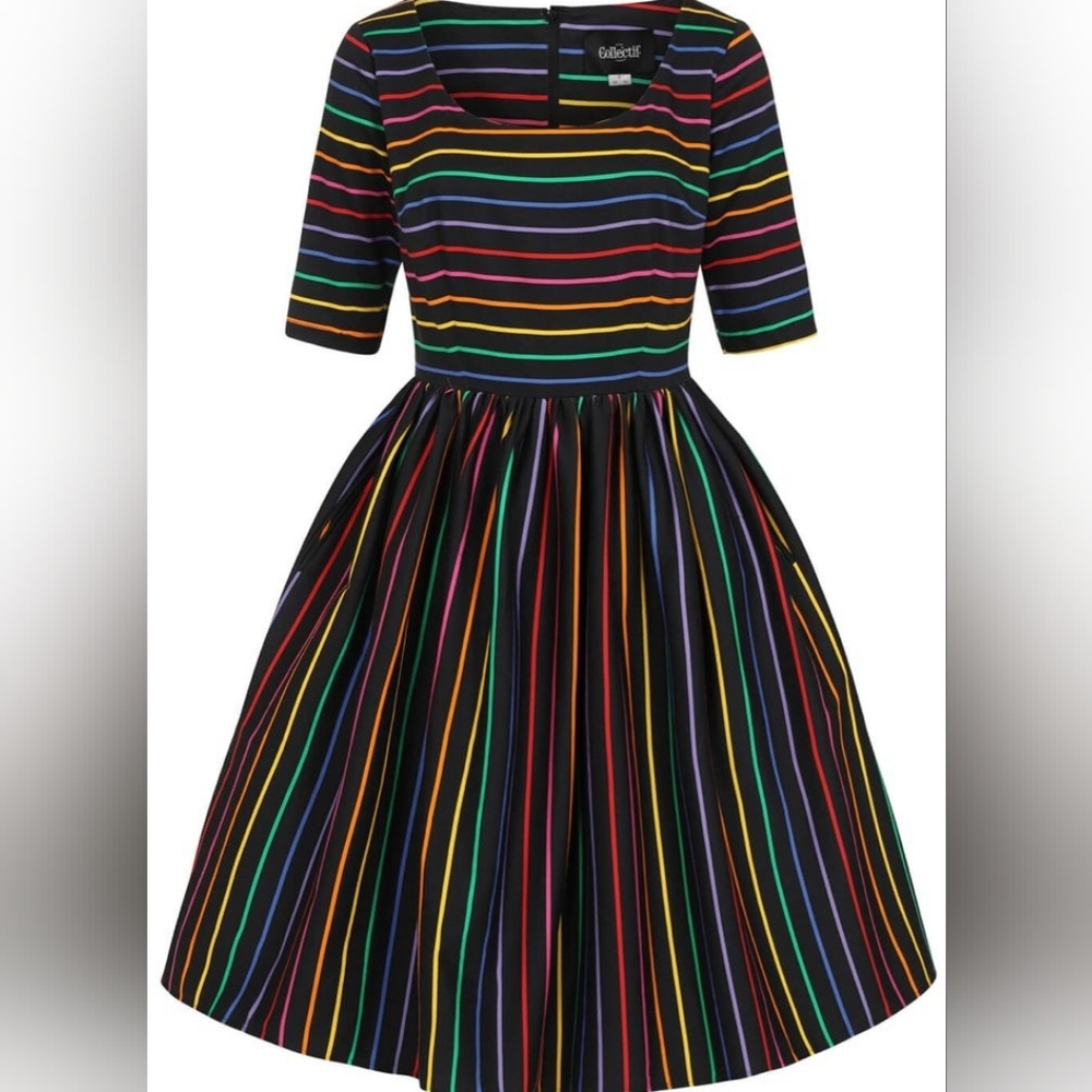 Black Rainbow Striped Fit-and-Flare Dress